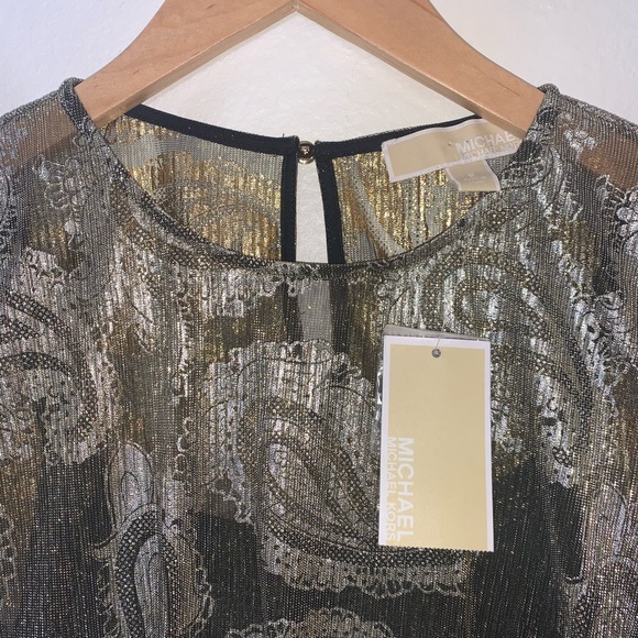MICHAEL Michael Kors Gold Black Foil Paisley Long Sleeve Overlay Midi Dress - Picture 4 of 11